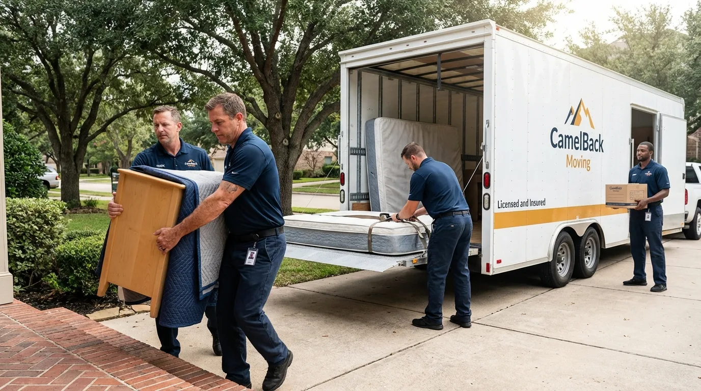 Crew loading residential truck for cross-state move from Howe, TX