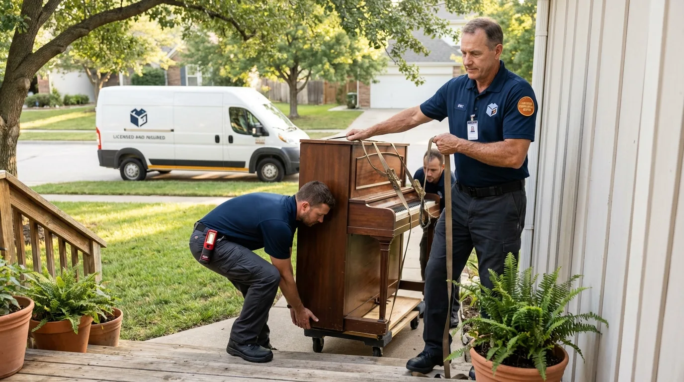 Licensed piano movers securing grand piano in Howe, TX