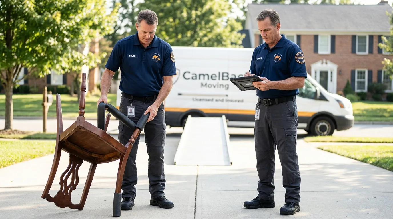 Movers inspecting furniture for damage prevention before loading in Howe, TX